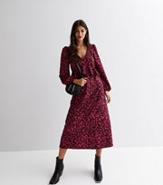 New Look Pink Leopard Print V Neck Ruffle Long Sleeve Midi Dress